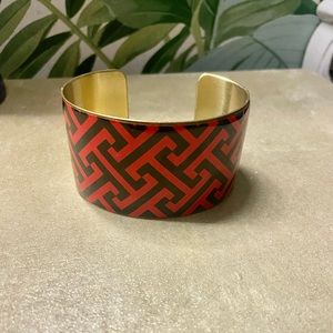 MUD PIE Gold Tone Open Cuff Black & Red Geometric Design